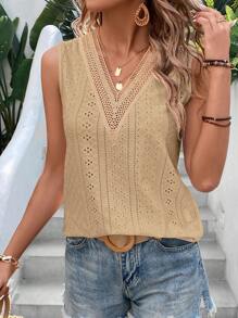 EMERY ROSE Spring Guipure Lace Panel Eyelet Embroidery Tank White Top - Khaki - View 6