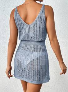 SHEIN Swim 夏季沙灘女士假期中空純色簡單細肩帶遮陽裙 - 藍色 - 查看 2