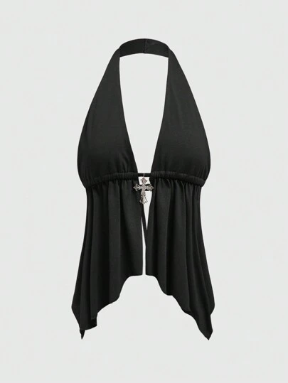 ROMWE Goth Y2K Sexy Lady Cross Pendant With Shiny Rhinestones For Chest Decoration Women Backless Neck Hanging Strap