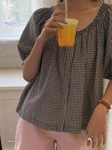 DAZY 女士拼接花邊格紋寬鬆襯衫