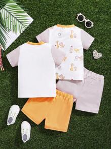 Baby Boy Multiple Piece Set: Short Sleeve Cartoon Giraffe Printed T-Shirt And Casual Shorts