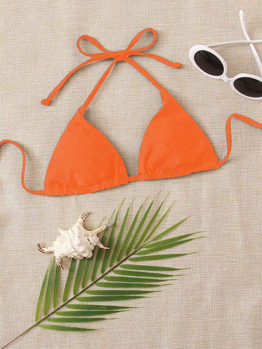 SHEIN Swim Áo bikini cổ yếm tối giản màu trơn đi biển mùa hè cho nữ dành cho kỳ nghỉ (Cà vạt thắt lưng có thể tháo rời) - trái cam - Xem 1