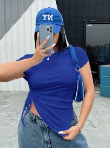 SHEIN EZwear CURVE 夏季加大碼不對稱下擺束繩褶皺修身短袖T恤 - 寶藍色 - 查看 7