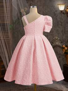 SHEIN Tween Girl Oblique Shoulder Bubble Sleeves Jacquard Dress With Bow Decoration