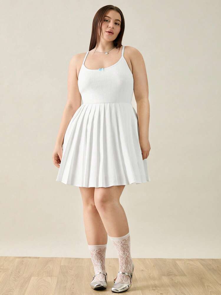 Bowknot Jacquard Plus Size Women Pleated Camisole Dress
