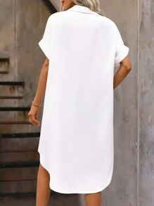 SHEIN LUNE Women Fashionable Abstract Portrait Printed Shirt Dress - White - View 2