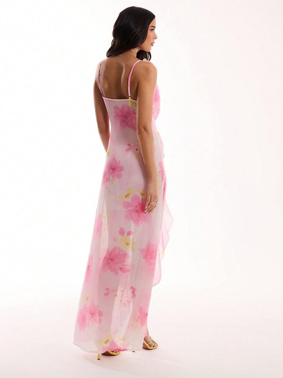 Chiffon Blume Muster Volant Drapierung Schlitz Maxikleid Frühling Sommer Sexy Urlaub Elegant Ibiza passend Strand Langes Kleid