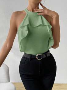 SHEIN Privé Women Solid Color Ruffle Trim Halter Neck Bodysuit, Suitable For Valentine Day, Vacation, Beach, Shopping, Wedding Season - Mint Green - View 4