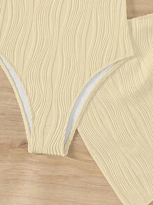 SHEIN Swim Bãi Biển Mùa Hè Kỳ Nghỉ Màu Trơn Họa Tiết Khoét Hở Dây Cổ Đồ Bơi Một Mảnh Có Che Đậy Bộ 2 Món - Màu be - Xem 6