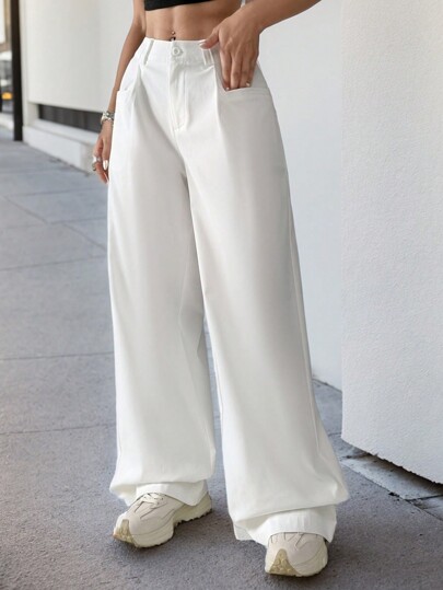 SHEIN EZwear Pantalones anchos de mujer con bolsillo de carga en blanco vintage para primavera/verano