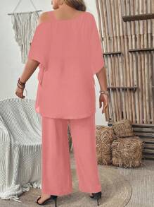 Plus Size Women Summer Simple Solid Color Loose Asymmetrical Collar Ruffle Hem Shirt And Pants Set