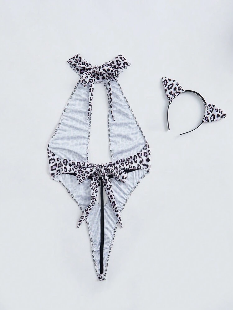 Women Sexy Leopard Print Halter Hollow Out Bodysuit With Headband Set For Bedroom