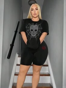 SHEIN SXY Plus Size Sparkling Rhinestone Skull, Spiderweb & Heart Design T-Shirt And Shorts 2-Piece Set For Summer - Black - View 4