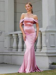 LOVE&LEMONADE Off Shoulder Solid Color Elegant Banquet Matching Trailing Evening Gown - Pink - View 1