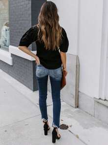 Women's Solid Short Sleeve Blouse Summer Crew Neck Casual Tops Fashion Puffed Sleeve Shirt