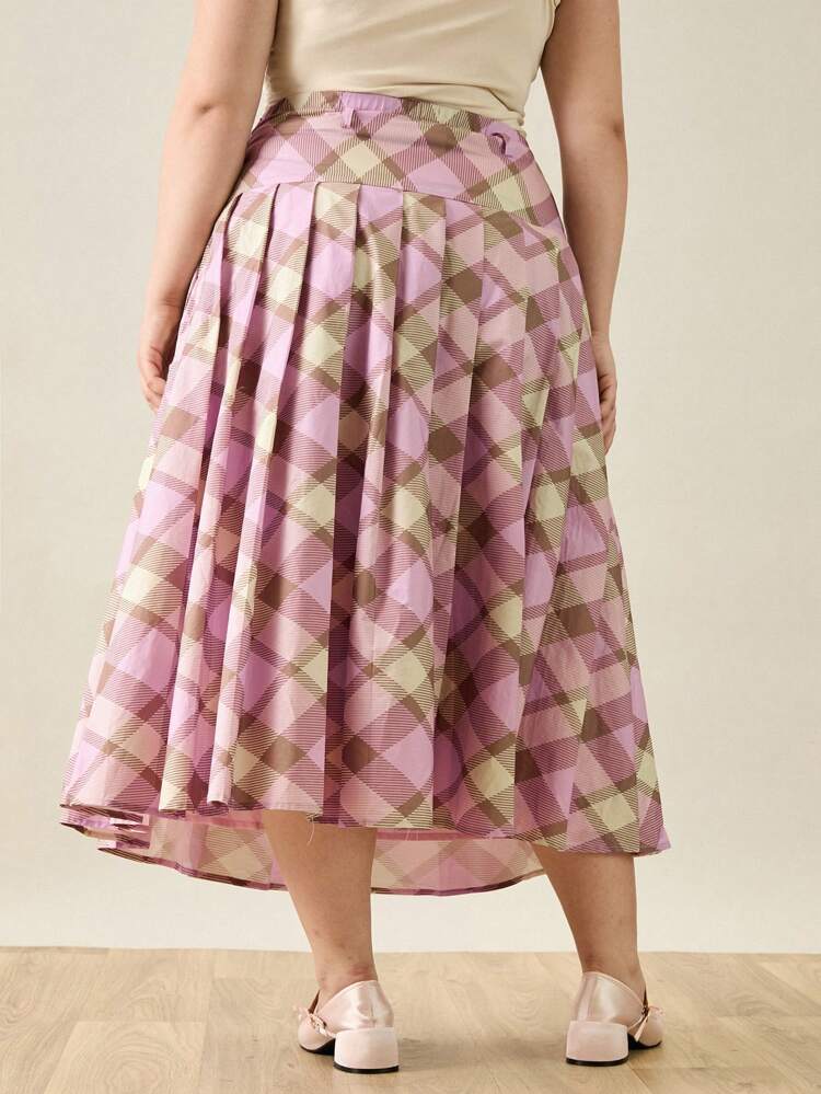 Women Plus Size Casual Plaid Printed Pleated Skirt For Spring/Summer