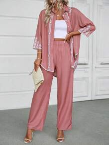 SHEIN LUNE Women Fashionable Casual Two Pieces Set With Printed Shirt And Trousers