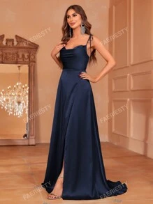 Faeriesty Elegant Solid Satin Bridal Maid Dress With Side High-Slit & Adjustable Strap Ties | Luxury Evening Look For Weddings, Parties Or Formal Events Bridesmaid Dress