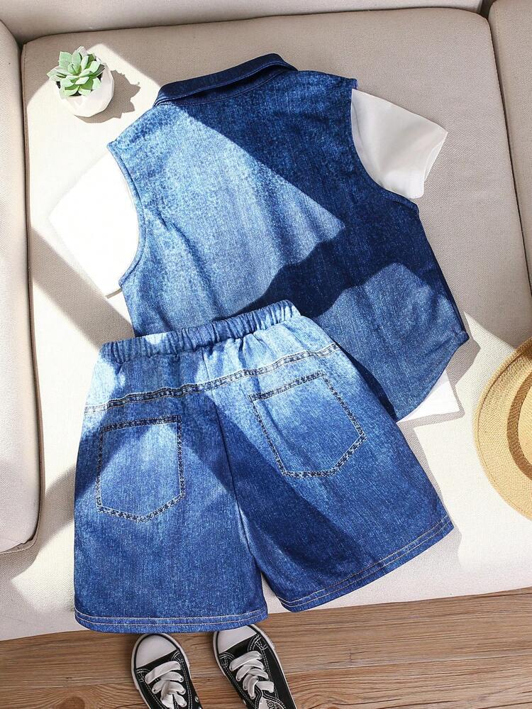 Young Boy 3pcs Casual Comfortable English Print Short Sleeve T-Shirt With Jean Ombre Print Vest & Shorts Set