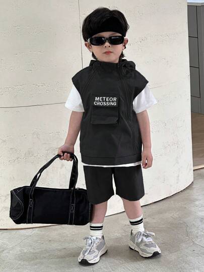 SHEIN 3入組男孩休閒無袖背心連帽拉鍊夾克，白色短袖T恤和短褲套裝，適用於運動、學校和春夏季節