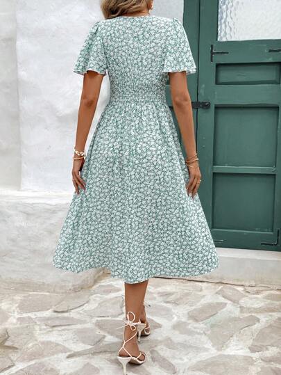 SHEIN Frenchy Vestido largo de manga corta con volantes y escote en V completo con estampado floral para el estilo de vacaciones de verano de mujer