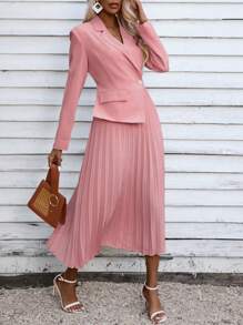 GENKIRA Women Spring/Summer Elegant Patchwork Stand Collar Pleated Hem Long Sleeve Dress - Pink - View 5