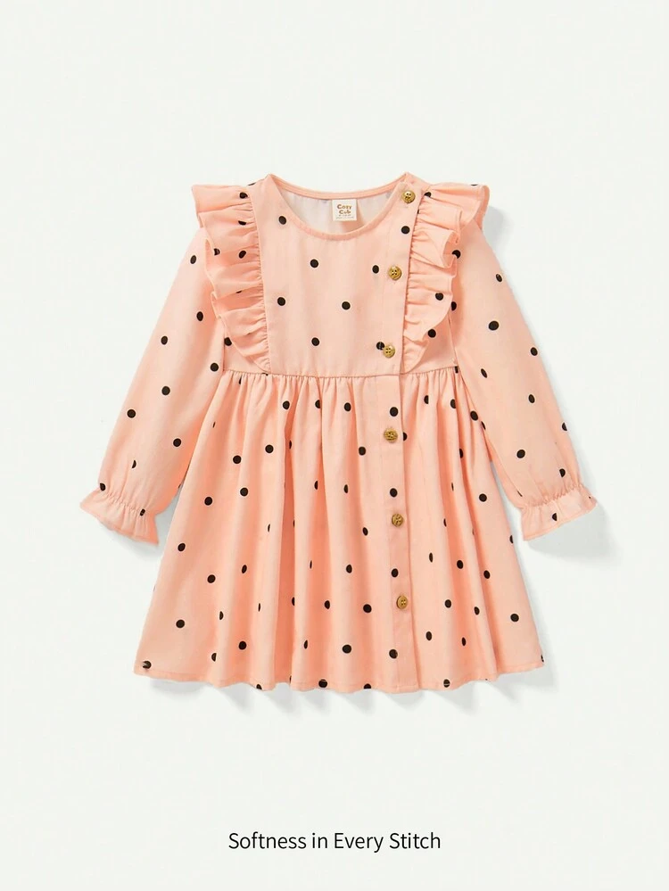 Baby Girls' Polka Dot Pattern Long Sleeve Dress With Flounce Hem, Elastic Waistband