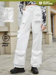 In My Nature Flap Pocket Drawstring Waist Cargo Outdoor Pants - White - View 1