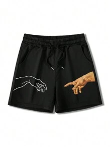 Manfinity Homme Plus Size Finger Print Drawstring Shorts With Pockets - Black - View 4