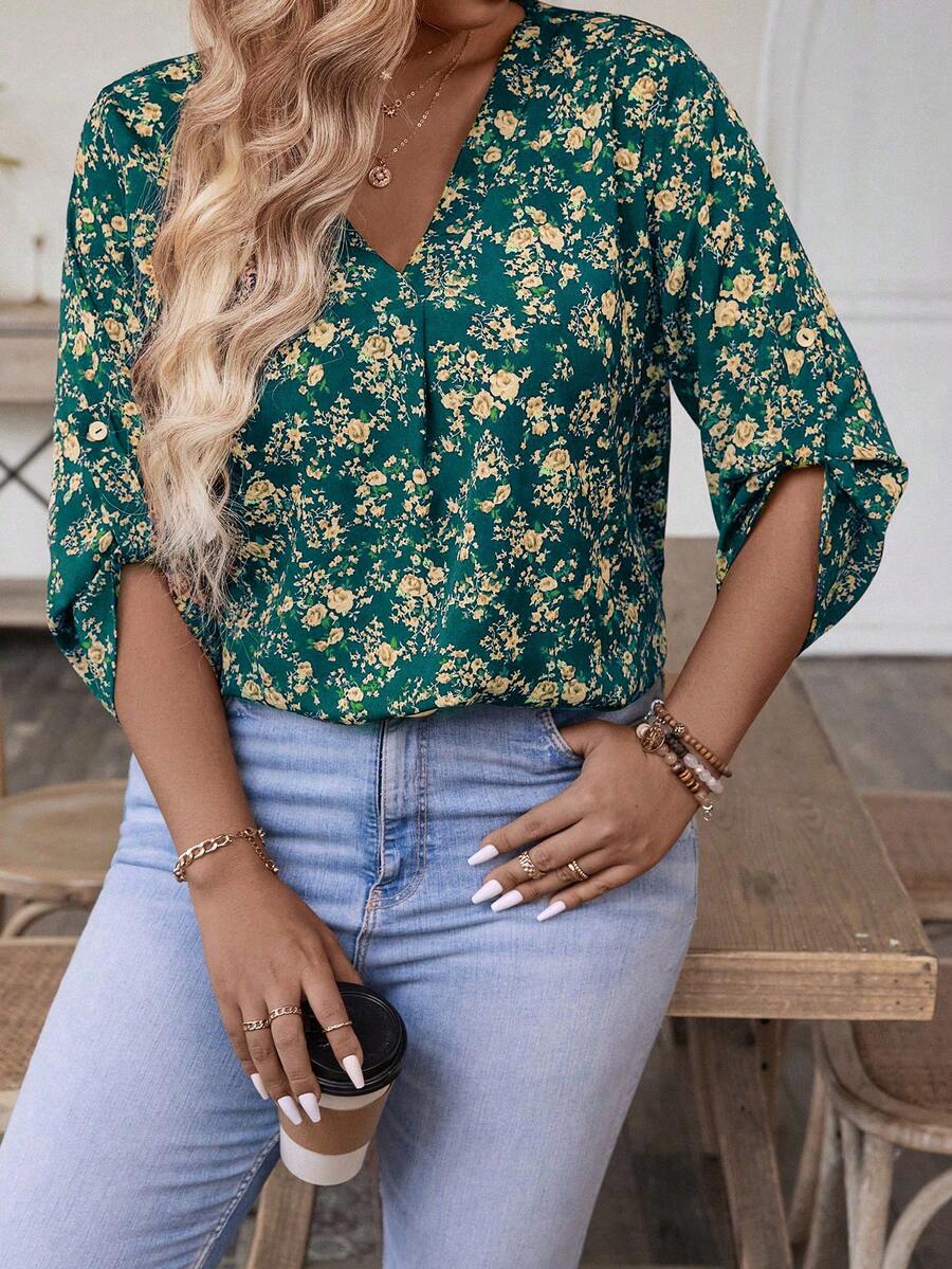 SHEIN LUNE Plus Size Summer Holiday Style Allover Floral Print Loose Cuffed Sleeve Blouse - Teal Blue - View 1