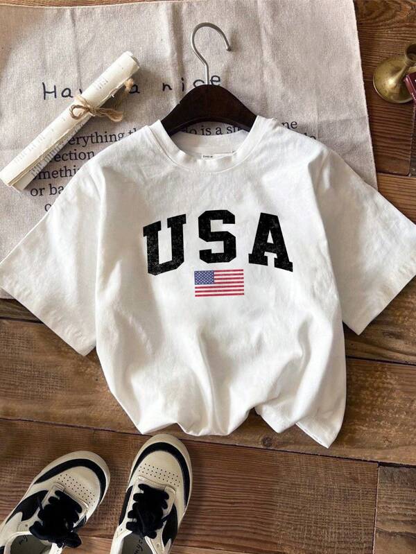 SHEIN Young Girl Casual & Simple Usa Flag Printed Short Sleeve T-Shirt, Perfect For Summer