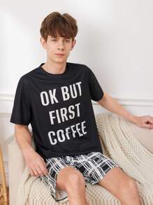 SHEIN Teen Boy Fashion Casual Letter Print Short Sleeve & Plaid Shorts Fire Retardant Pajamas Set
