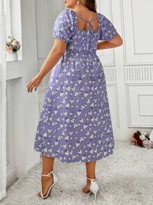 Flirla Plus Size Romantic Floral Split Dress - Purple - View 2