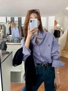 春季兔子刺绣条纹长袖休闲女式衬衫，夏季服装