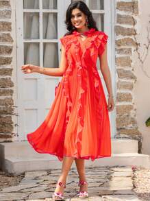 Women's Fashionable V-Neck Ruffled Trim Summer Dress - Orange - View 3