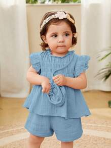 Cozy Pixies Baby Girl Ruffle Trim Peplum Top & Shorts & Bag - Baby Blue - View 4