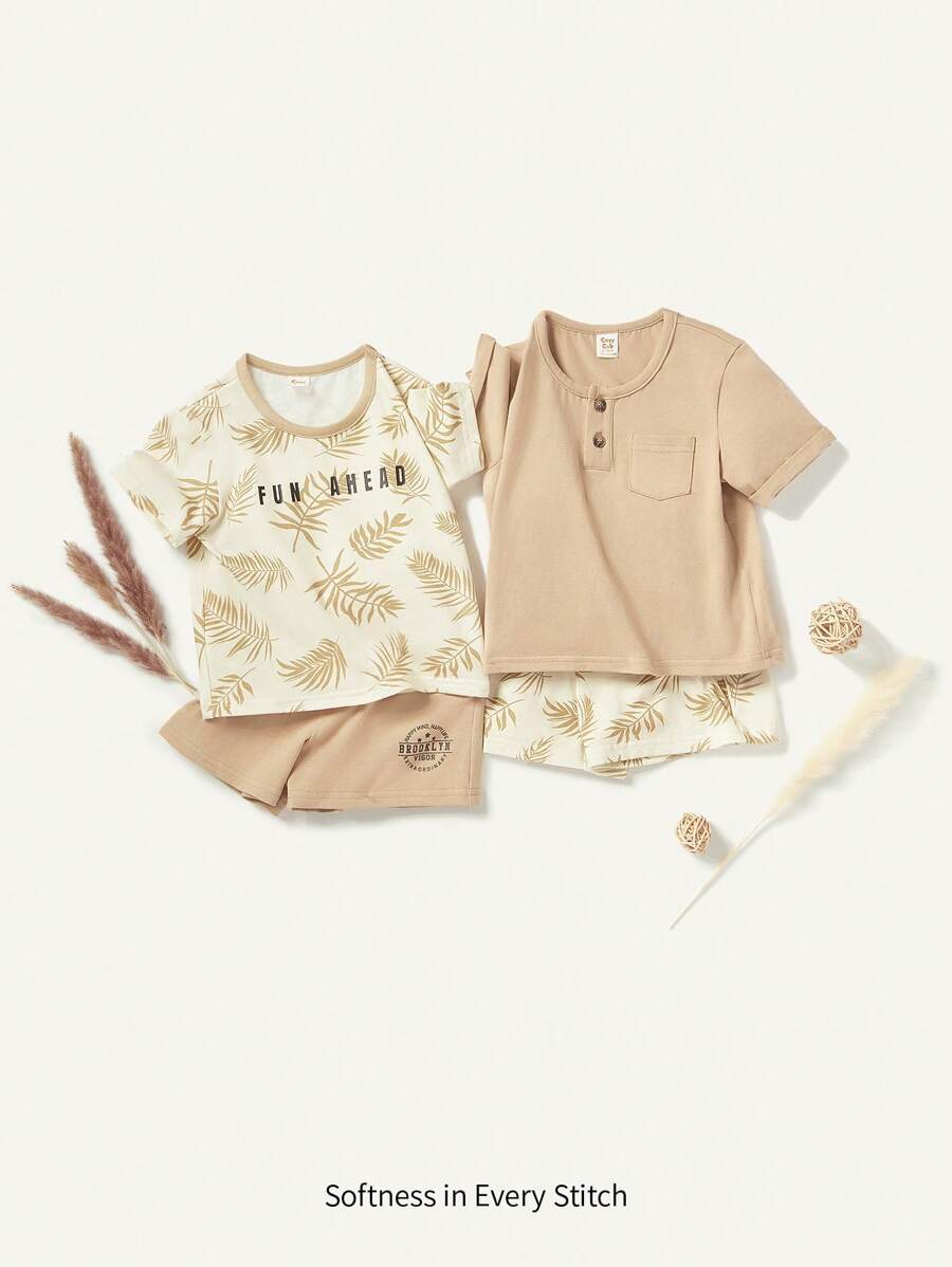 Cozy Pixies Baby Boy's Four Pieces Sports Style Set Including Leaf Pattern Round Neck Short Sleeve Top And Casual Shorts Matching Set