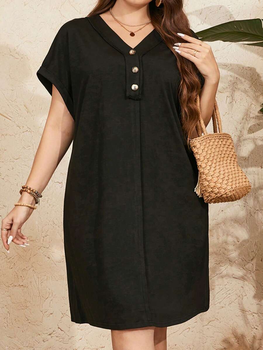 SHEIN LUNE Vestido negro elegante sólido de talla grande con cuello en V y mangas cortas - Negro - Ver 1