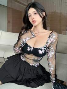 DAZY 女士刺绣薄纱长袖上衣，荷叶边，波西米亚风上衣，度假邮轮外出上衣 - 黑色 - 查看 3