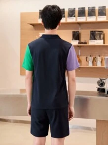 Teen Boy Summer Casual Color-Block Short Sleeve And Shorts Set - Multicolor - View 2