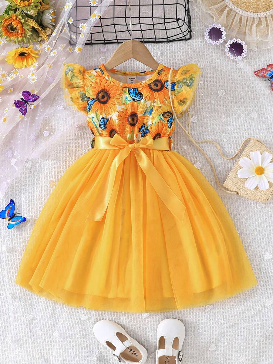 SHEIN Glamorique Kids 年轻女孩度假优雅花卉系腰荷叶边袖连衣裙,适合派对,夏季 - 黃色 - 查看 1