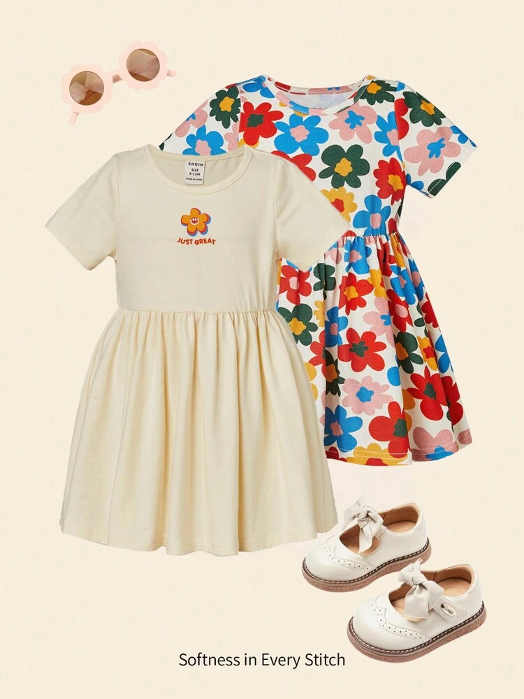 Baby Letter Graphic Smock Dress & Floral Print Dress
