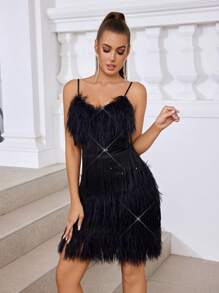 SHEIN Belle Elegant, Gorgeous, Sexy, Exquisite And Charming, Fashionable And Popular Women's Classic Black Sequin Stitching Layered Feather Tassels Decorated Spaghetti Straps V Tie Breast Pads Gathered Anti-Exposure High Waist Tight Hip-Hugging Curve Mini Dress, Suitable For Music Festivals, Graduation Ceremonies, Proms, Date Parties, Cocktails Meeting.
