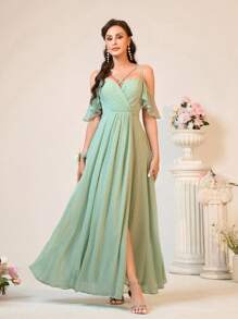 SHEIN Belle Elegant Sage Green Spring Wedding Bridesmaid Dress,Jacquard Sweetheart Neckline Ruffle Sleeves High Side Slit Double Shoulder Straps Music Festival - Green - View 5