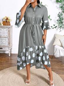 SHEIN Clasi Plus Size Spring Summer Casual Polka Dot Printed Patchwork Ruffle Hem Shirt Dress - Multicolor - View 4