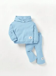 Cozy Pixies Đứa bé gái Thư được vá Hoodie & Quần ống loe - Màu xanh nhạt - Xem 9