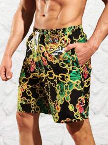 Surfspeed Men's Chain Pattern Drawstring Waist Beach Shorts - Multicolor - View 4