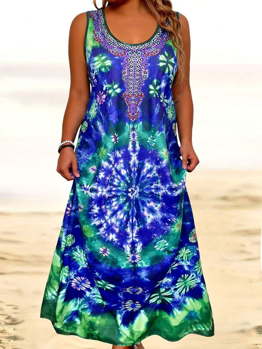 EMERY ROSE Plus Size Women Summer Tie-Dye Round Neck Long Casual Tank Dress - Blue - View 1