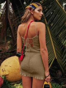 Breezaya 女士纯色蕾丝边春夏吊带背心百搭连衣裙度假海滩装 - 咖啡棕 - 查看 2