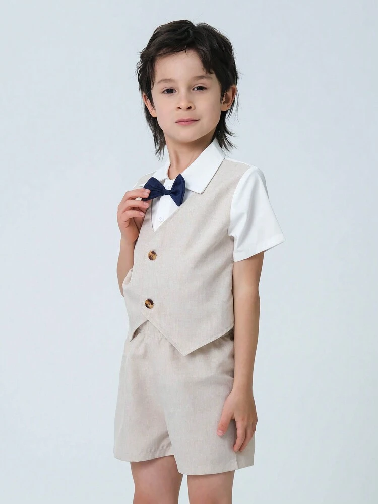Young Boy Gentleman Color Block Button-Down Short Sleeve Shirt With Shorts Set